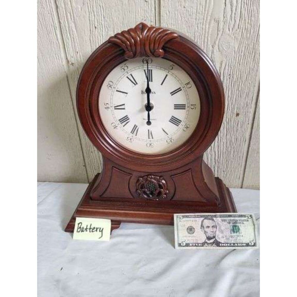 vtg.  Bulova "The Marlborough" wooden mantle clock with roman numerals
